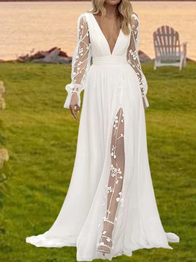 Wedding Dresses Beach Wedding A-Line V Neck Long Sleeve Court Train Bridal Suits Bridal Gowns With Ruched Draping