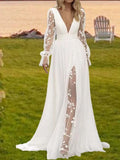 Wedding Dresses Beach Wedding A-Line V Neck Long Sleeve Court Train Bridal Suits Bridal Gowns With Ruched Draping