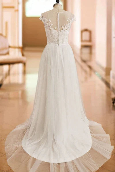 Wedding Dresses Off The Shoulder Short Sleeve Long Split Front Bridal Dress With Train