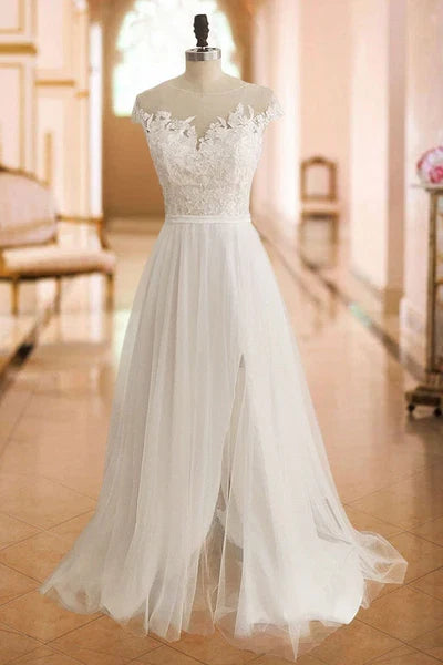 Wedding Dresses Off The Shoulder Short Sleeve Long Split Front Bridal Dress With Train
