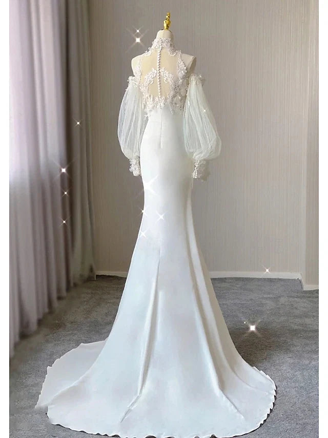 Wedding Dresses Mermaid / Trumpet Halter Neck Long Sleeve Chapel Train Bridal Gowns With Solid Color