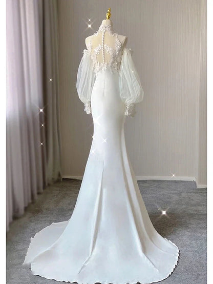 Elegant Red Lace Mermaid Halter-Neck Long-Sleeve Classic-Back Floor-Length Wedding Dress