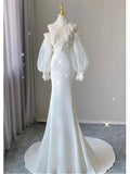 Wedding Dresses Mermaid / Trumpet Halter Neck Long Sleeve Chapel Train Bridal Gowns With Solid Color