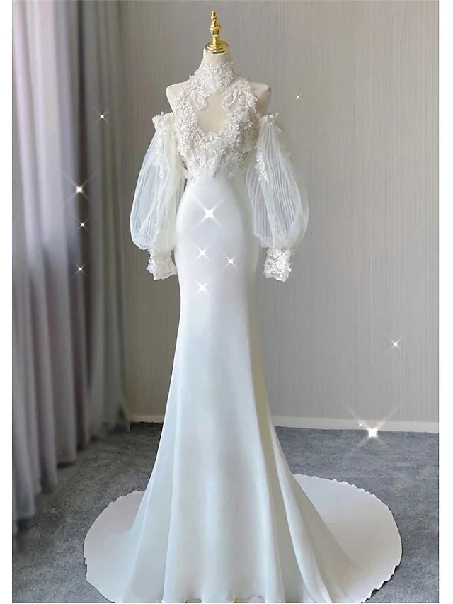 Wedding Dresses Mermaid / Trumpet Halter Neck Long Sleeve Chapel Train Bridal Gowns With Solid Color