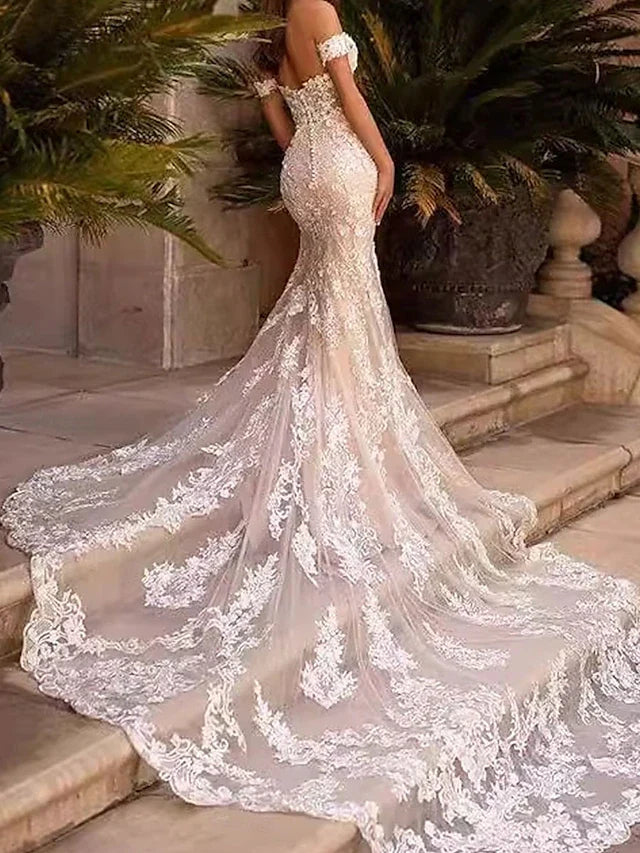 Wedding Dresses Mermaid / Trumpet Off Shoulder Sleeveless Court Train Bridal Gowns With Solid Color