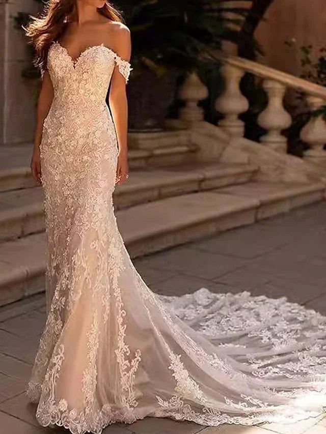 Wedding Dresses Mermaid / Trumpet Off Shoulder Sleeveless Court Train Bridal Gowns With Solid Color