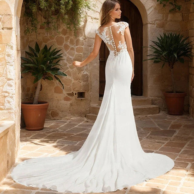 Wedding Dresses Mermaid / Trumpet V Neck Short Sleeve Court Train Fabric Bridal Gowns With Appliques