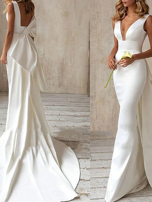 Wedding Dresses Mermaid / Trumpet V Neck Sleeveless Sweep / Brush Train Bridal Gowns With Solid Color