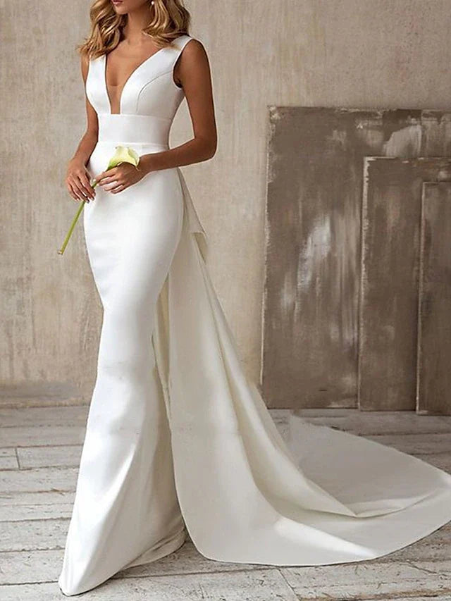 Wedding Dresses Mermaid / Trumpet V Neck Sleeveless Sweep / Brush Train Bridal Gowns With Solid Color
