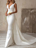 Wedding Dresses Mermaid / Trumpet V Neck Sleeveless Sweep / Brush Train Bridal Gowns With Solid Color