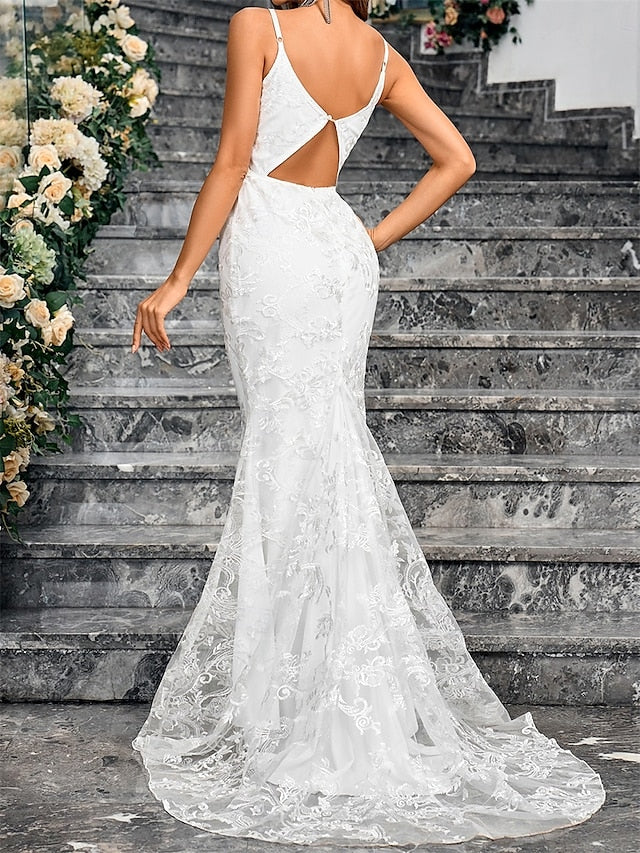 Wedding Dresses Mermaid / Trumpet V Neck Sleeveless Sweep / Brush Train Bridal Gowns With Solid Color
