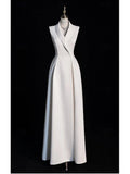 Wedding Dresses Tuxedo Dress A-Line V Neck Sleeveless Floor Length Taffeta Bridal Gowns With Solid Color