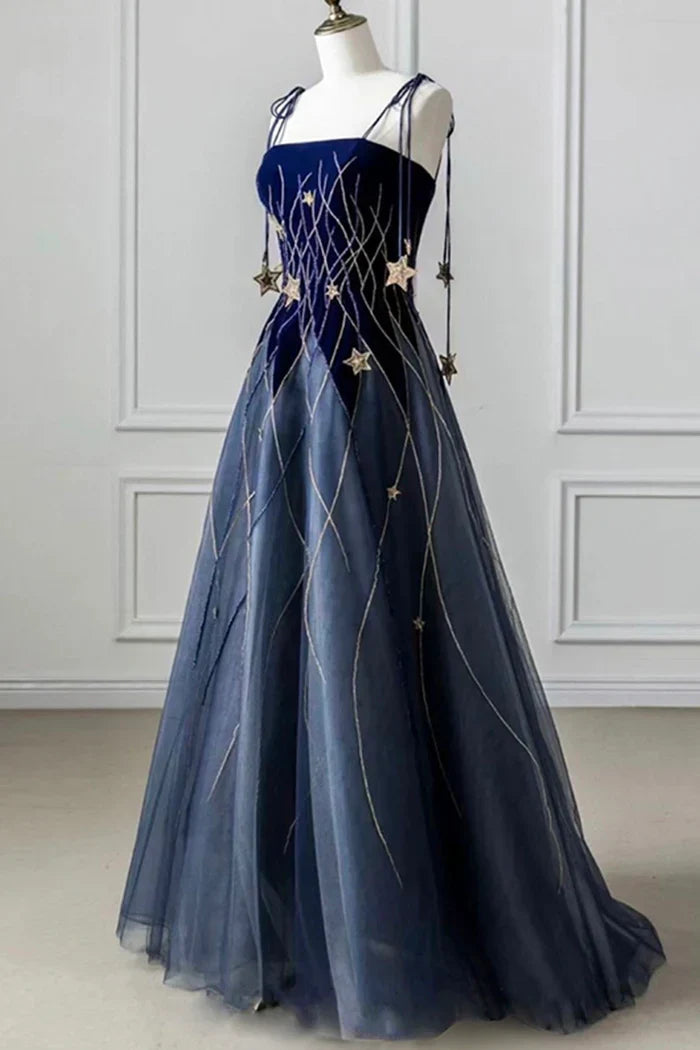 Timeless Special Occasion Elegant Navy Blue A-Line Spaghetti Strap Long Prom Dress