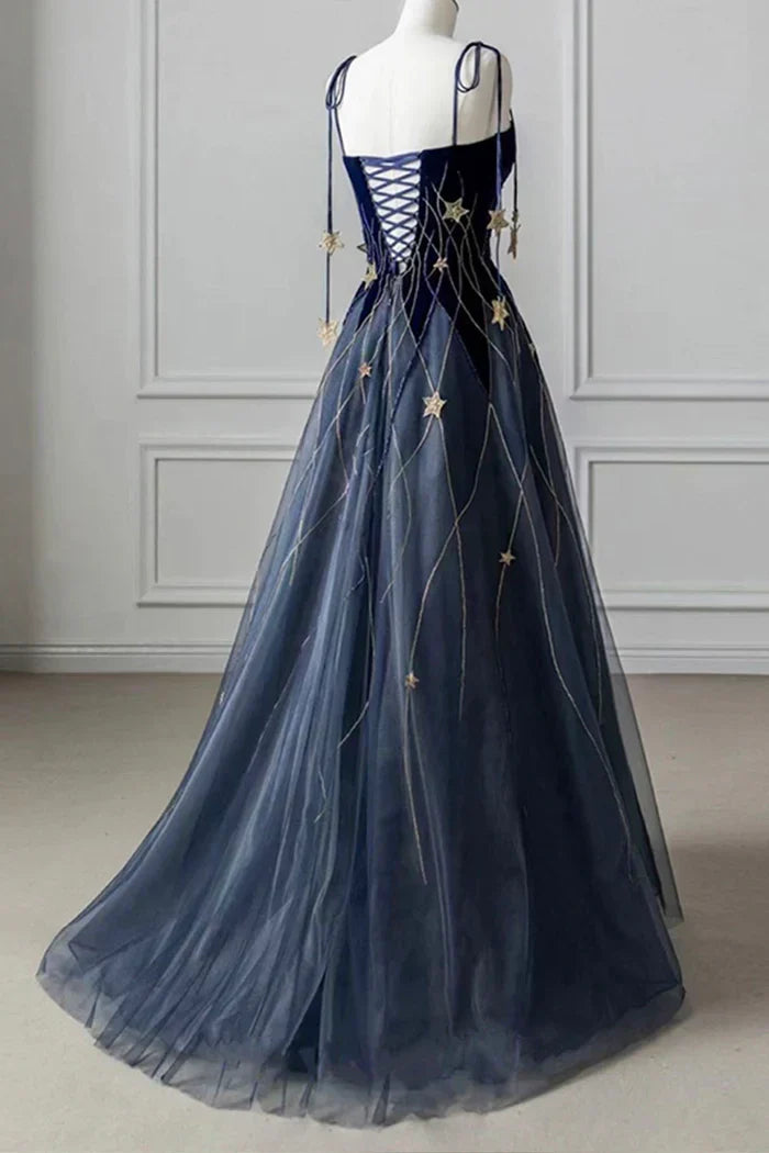 Timeless Special Occasion Elegant Navy Blue A-Line Spaghetti Strap Long Prom Dress