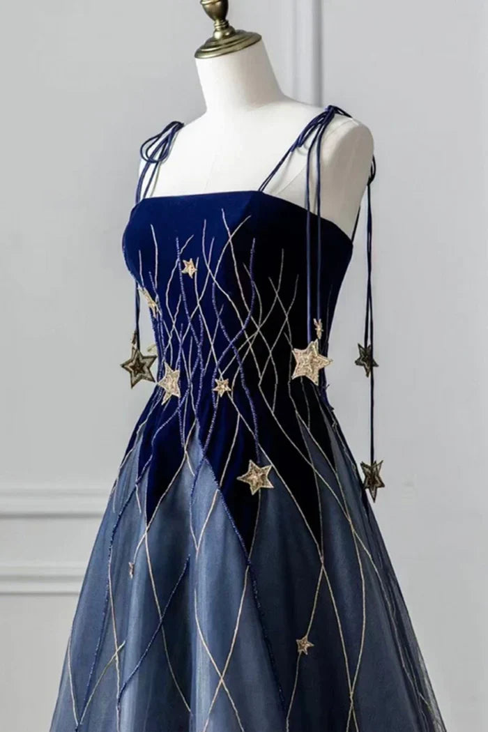 Timeless Special Occasion Elegant Navy Blue A-Line Spaghetti Strap Long Prom Dress
