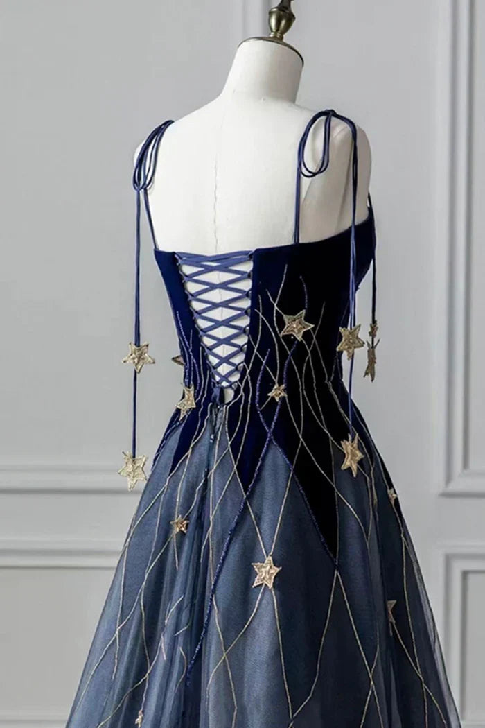 Timeless Special Occasion Elegant Navy Blue A-Line Spaghetti Strap Long Prom Dress