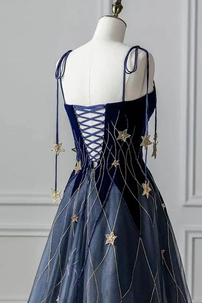 Timeless Special Occasion Elegant Navy Blue A-Line Spaghetti Strap Long Prom Dress