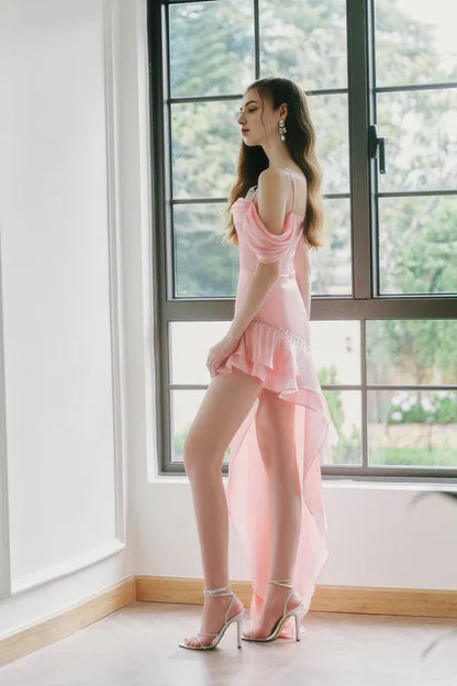 Special Occasion Sophisticated Graceful Stylish Refined Elegant Red Satin Asymmetric Sleeveless Prom Dress