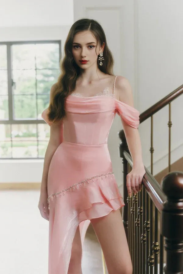 Special Occasion Sophisticated Graceful Stylish Refined Elegant Red Satin Asymmetric Sleeveless Prom Dress