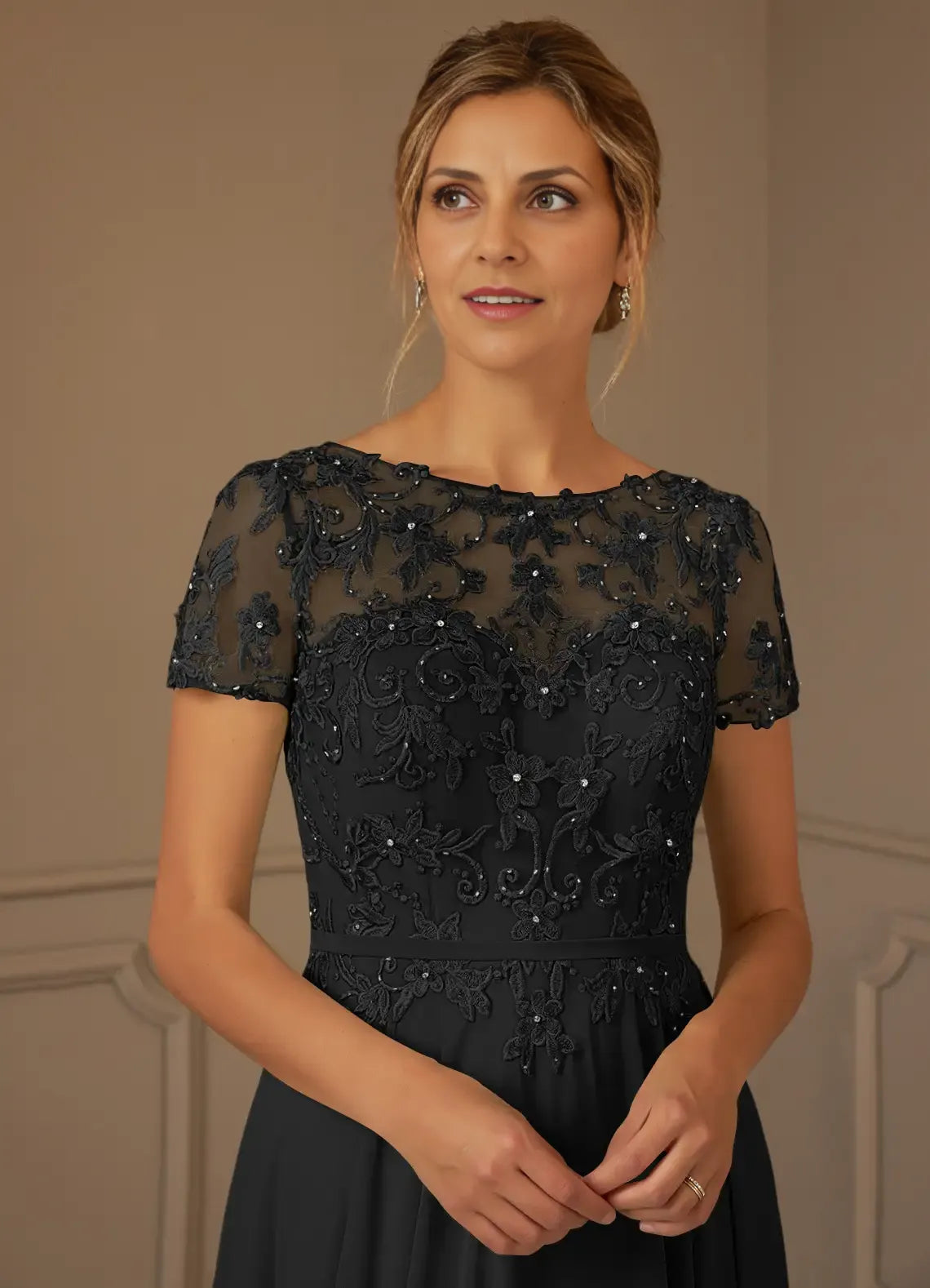 Elegant Black Chiffon A-Line Short Sleeve Short Mother of the Bride Dress