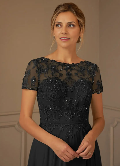 Elegant Black Chiffon A-Line Short Sleeve Short Mother of the Bride Dress