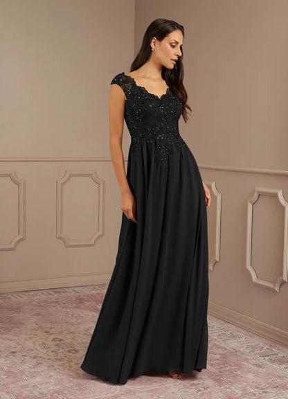 Sophisticated Graceful Elegant Black Chiffon A-Line V-Neck Mother of the Bride Dress