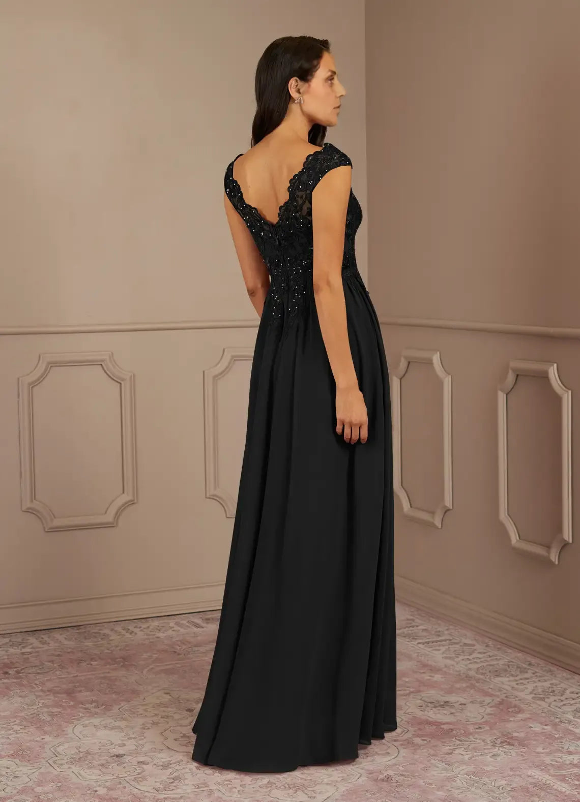 Sophisticated Graceful Elegant Black Chiffon A-Line V-Neck Mother of the Bride Dress