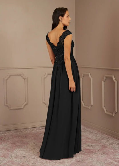 Sophisticated Graceful Elegant Black Chiffon A-Line V-Neck Mother of the Bride Dress