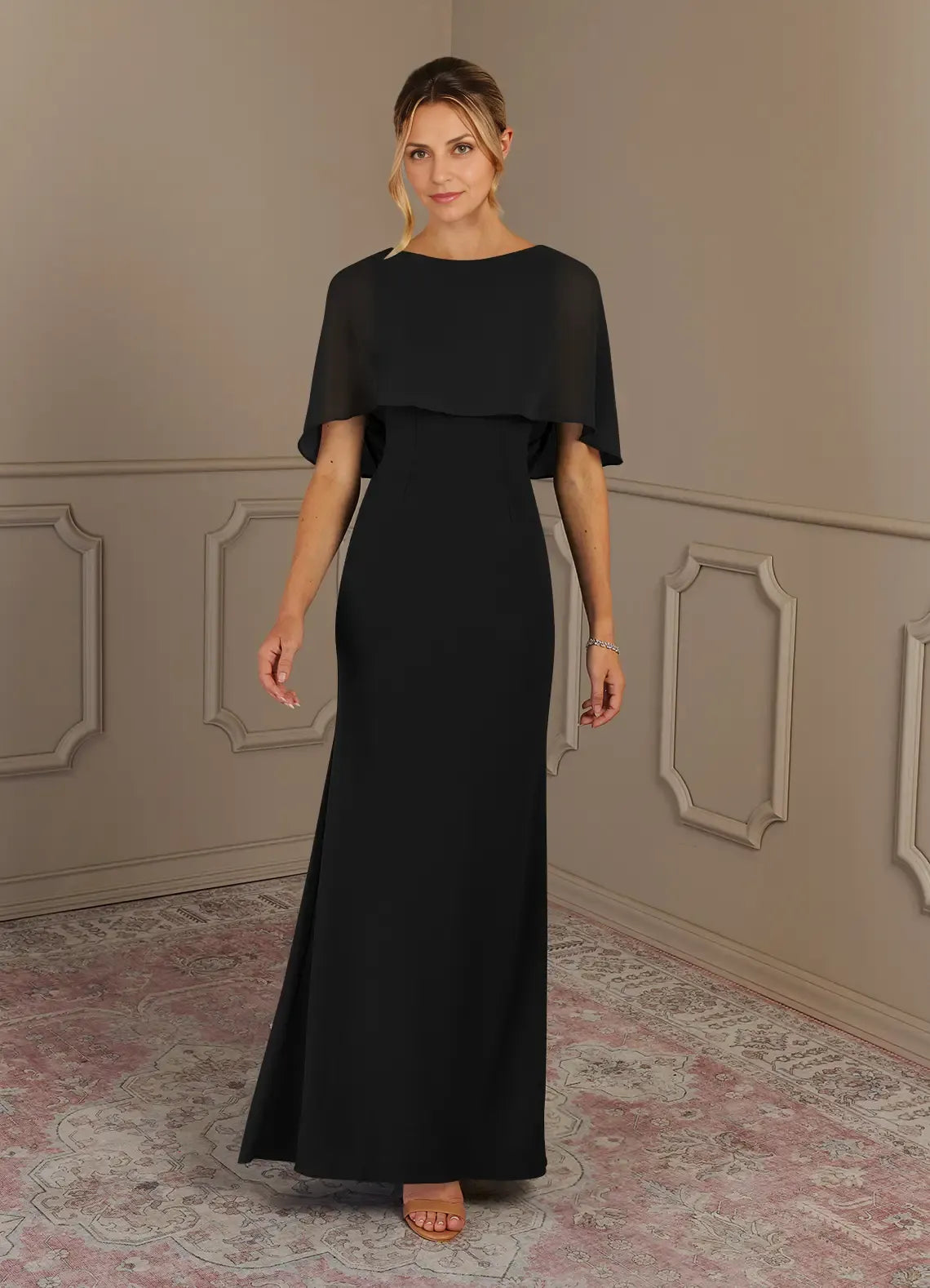 Beautiful Elegant Black Sheath Scoop Neck Ruffle Mother of the Bride Dress