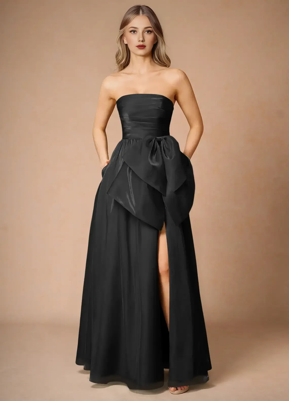 Special Occasion Sophisticated Graceful Stylish Elegant Black Satin A-Line Strapless Sleeveless Prom Dress