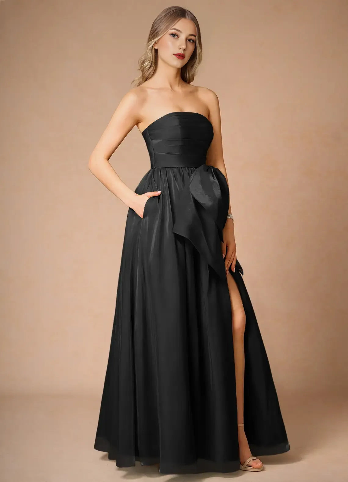 Special Occasion Sophisticated Graceful Stylish Elegant Black Satin A-Line Strapless Sleeveless Prom Dress