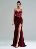Sophisticated Graceful Stylish Refined Elegant Burgundy Lace Mermaid Spaghetti Strap Prom Dress