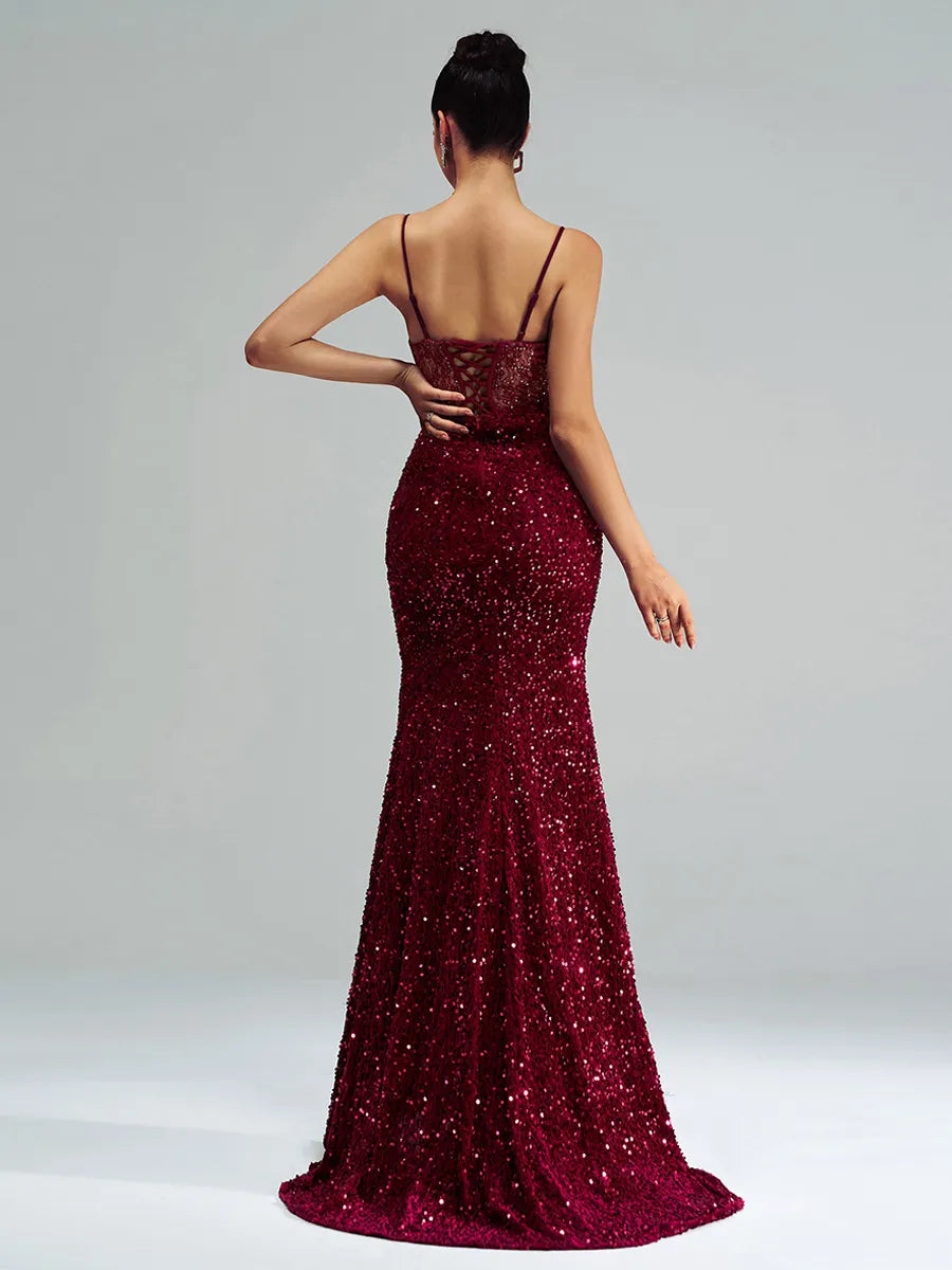 Sophisticated Graceful Stylish Refined Elegant Burgundy Lace Mermaid Spaghetti Strap Prom Dress