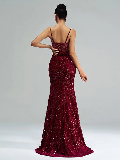 Sophisticated Graceful Stylish Refined Elegant Burgundy Lace Mermaid Spaghetti Strap Prom Dress