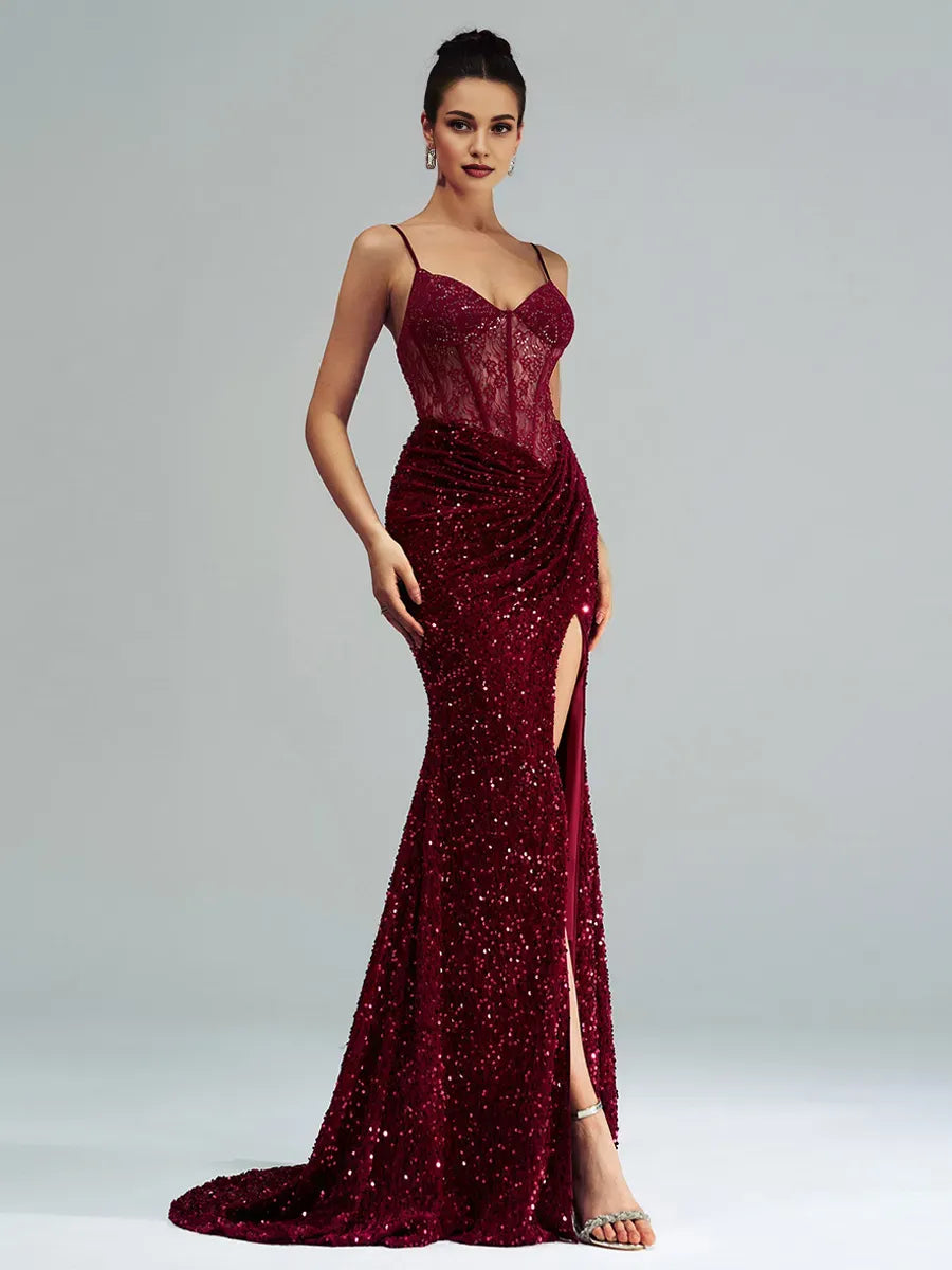 Sophisticated Graceful Stylish Refined Elegant Burgundy Lace Mermaid Spaghetti Strap Prom Dress
