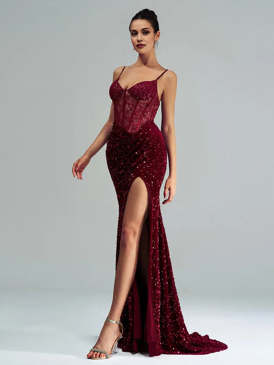 Sophisticated Graceful Stylish Refined Elegant Burgundy Lace Mermaid Spaghetti Strap Prom Dress