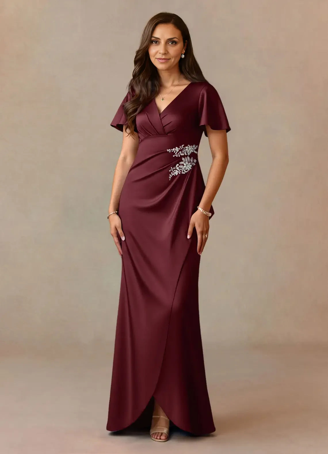 Elegant Dusty Rose Satin A-Line V-Neck Pleated Floor-Length Mother of the Bride Dress
