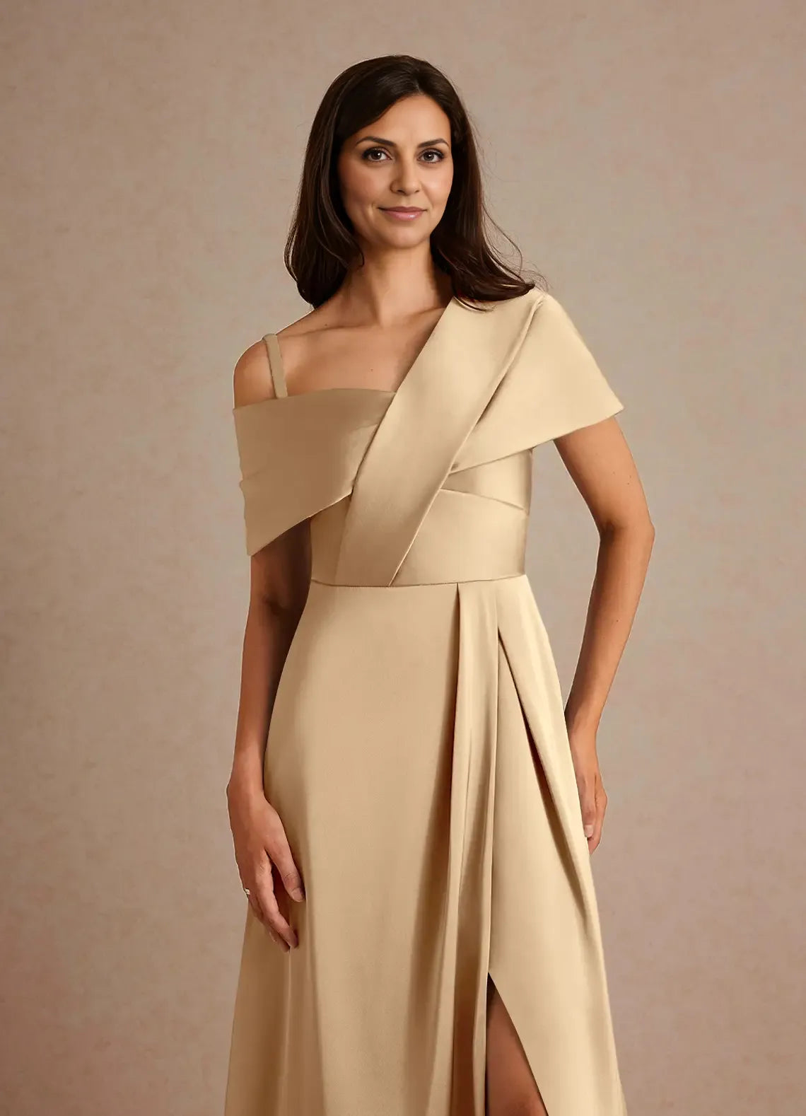 Special Occasion Elegant Champagne Satin A-Line Pleated Mother of the Bride Dress