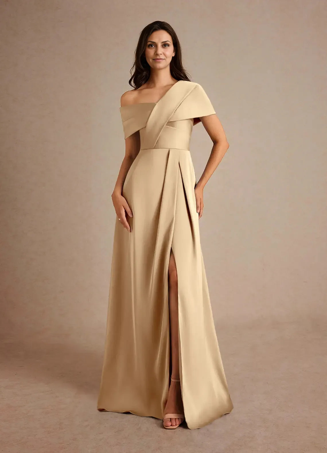 Special Occasion Elegant Champagne Satin A-Line Pleated Mother of the Bride Dress