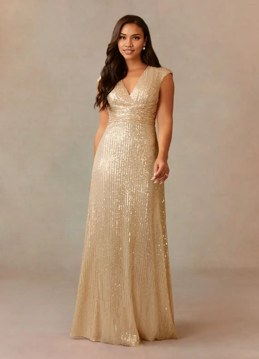 Refined Elegant Champagne Sequins A-Line V-Neck Ruffle Mother of the Bride Dress