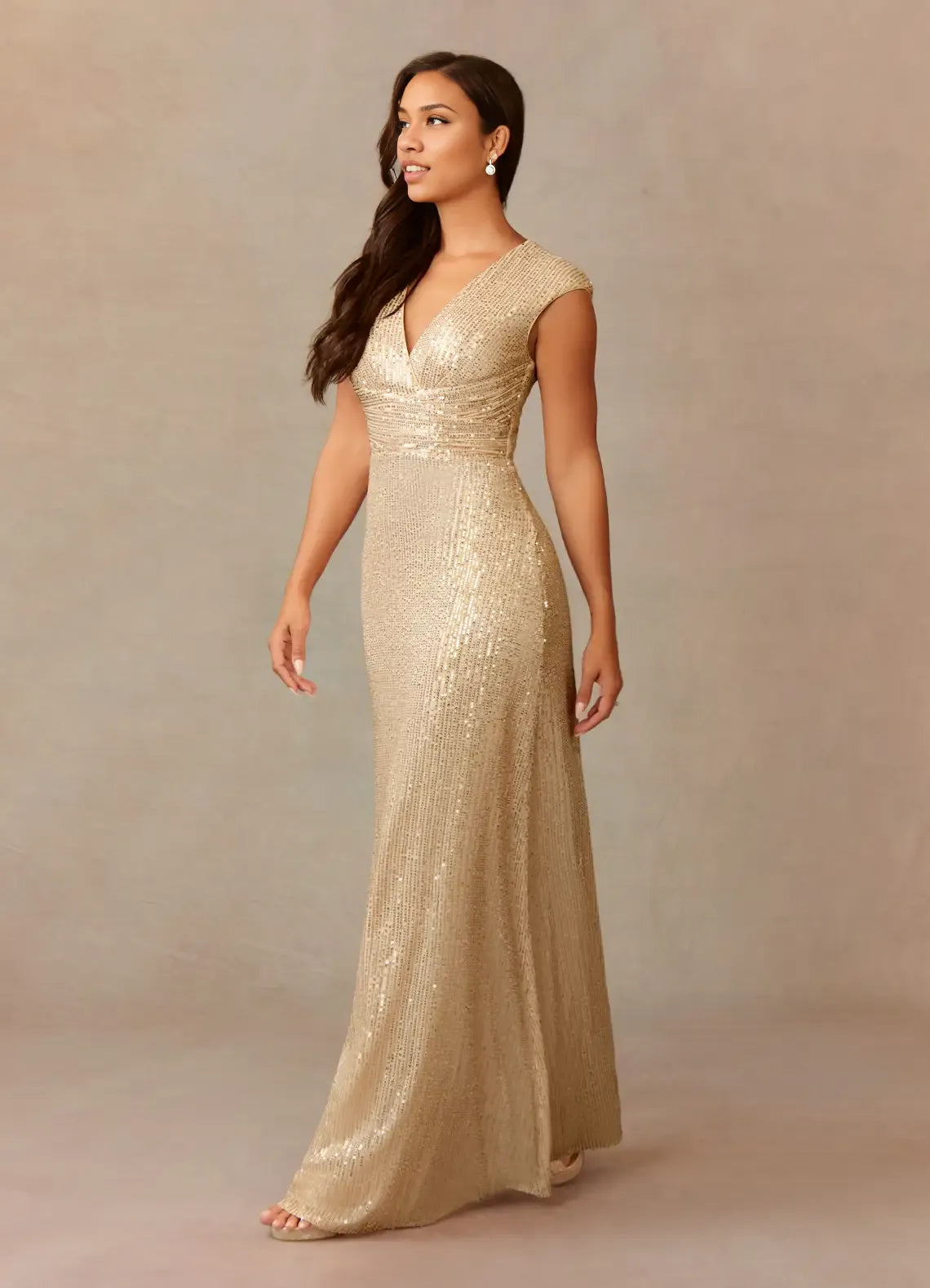 Refined Elegant Champagne Sequins A-Line V-Neck Ruffle Mother of the Bride Dress