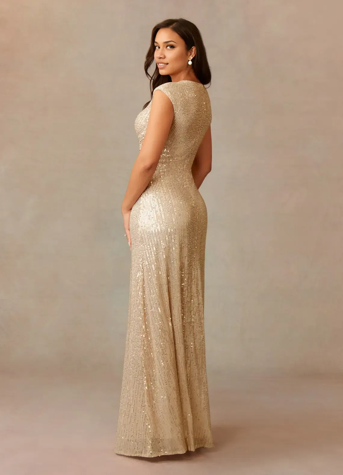 Refined Elegant Champagne Sequins A-Line V-Neck Ruffle Mother of the Bride Dress