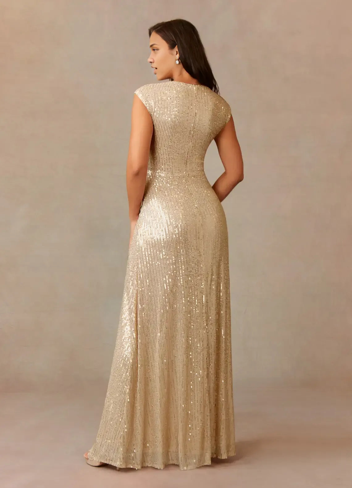 Refined Elegant Champagne Sequins A-Line V-Neck Ruffle Mother of the Bride Dress