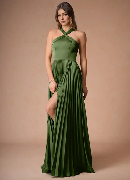 Beautiful Timeless Special Occasion Sophisticated Graceful Elegant Satin A-Line Halter Prom Dress