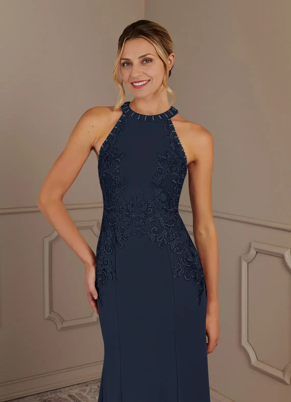 Graceful Stylish Elegant Lace Mermaid Halter Sleeveless Mother of the Bride Dress