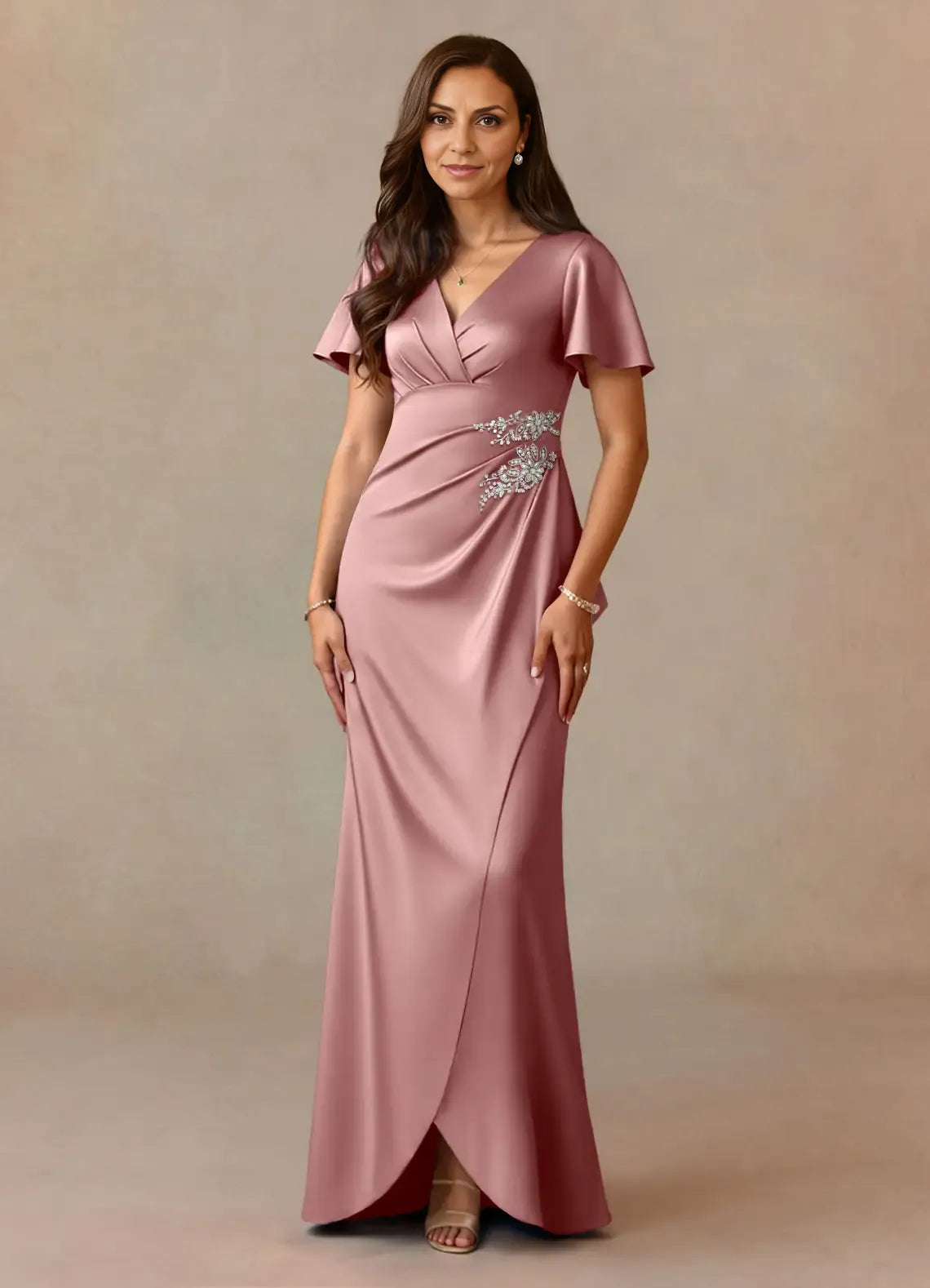 Elegant Dusty Rose Satin A-Line V-Neck Pleated Floor-Length Mother of the Bride Dress