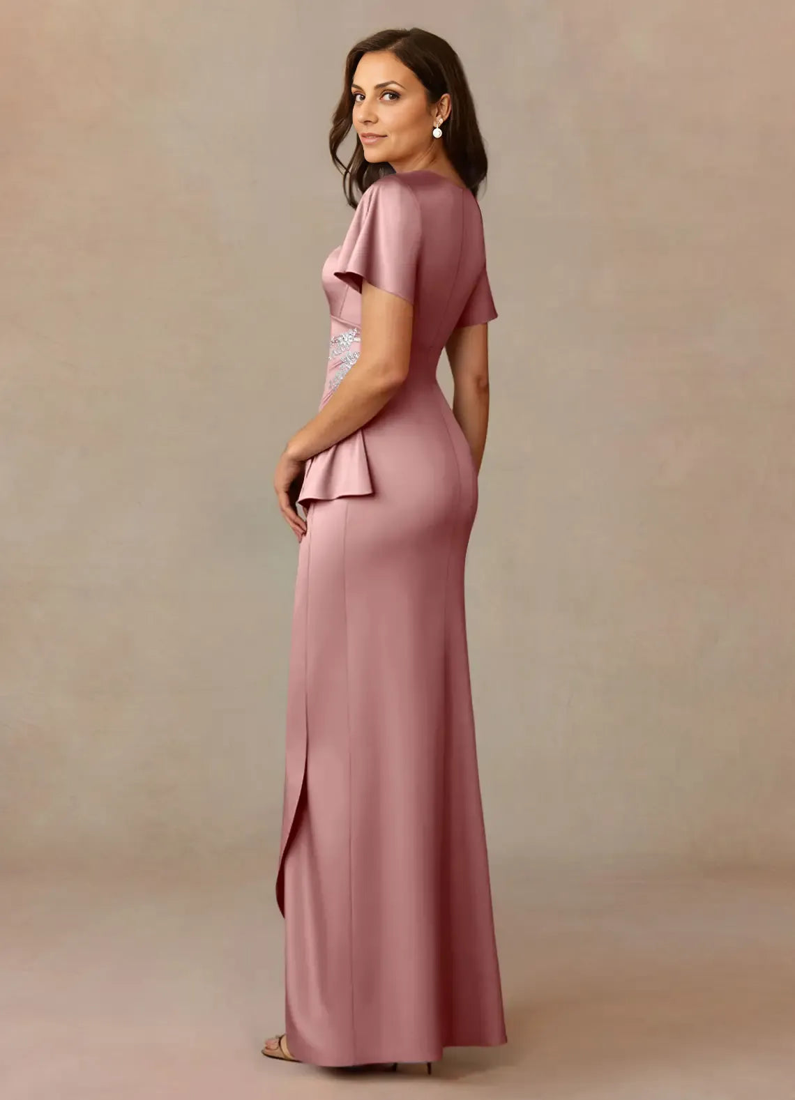 Elegant Dusty Rose Satin A-Line V-Neck Pleated Floor-Length Mother of the Bride Dress