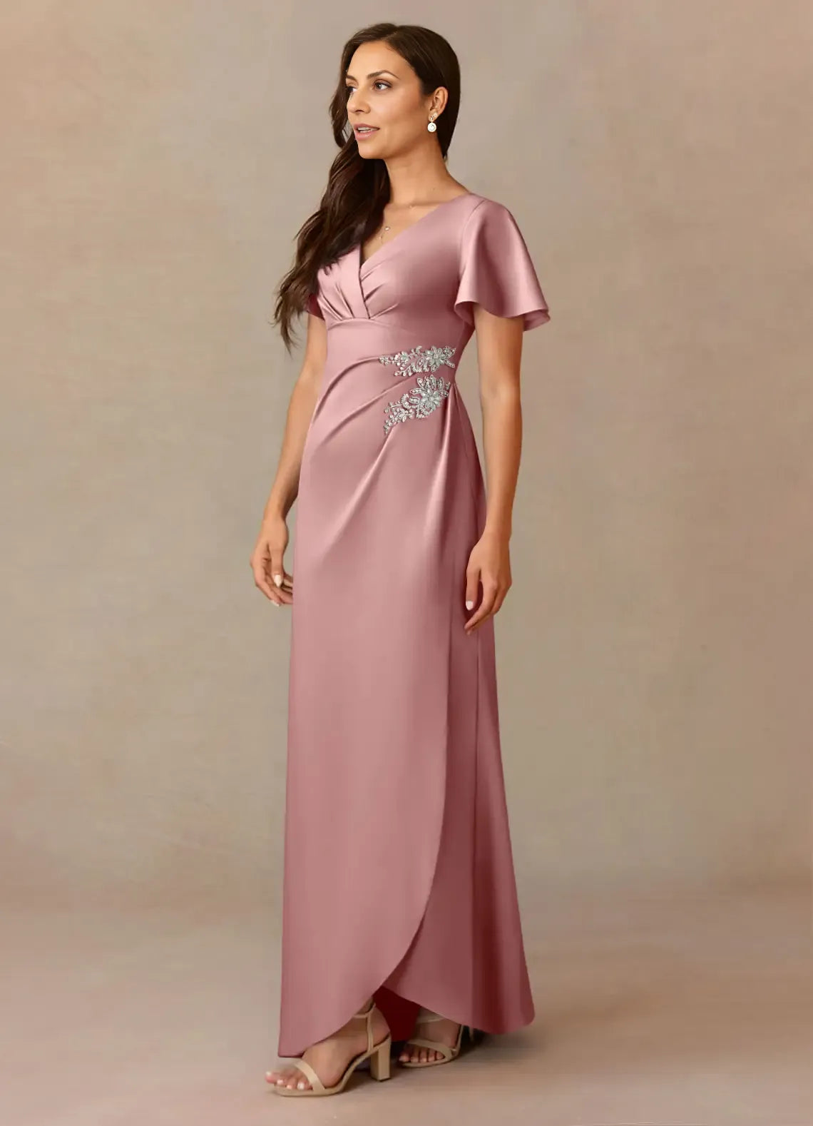 Elegant Dusty Rose Satin A-Line V-Neck Pleated Floor-Length Mother of the Bride Dress