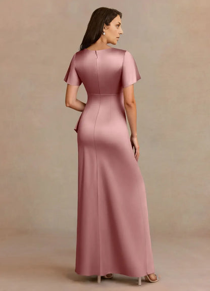 Elegant Dusty Rose Satin A-Line V-Neck Pleated Floor-Length Mother of the Bride Dress