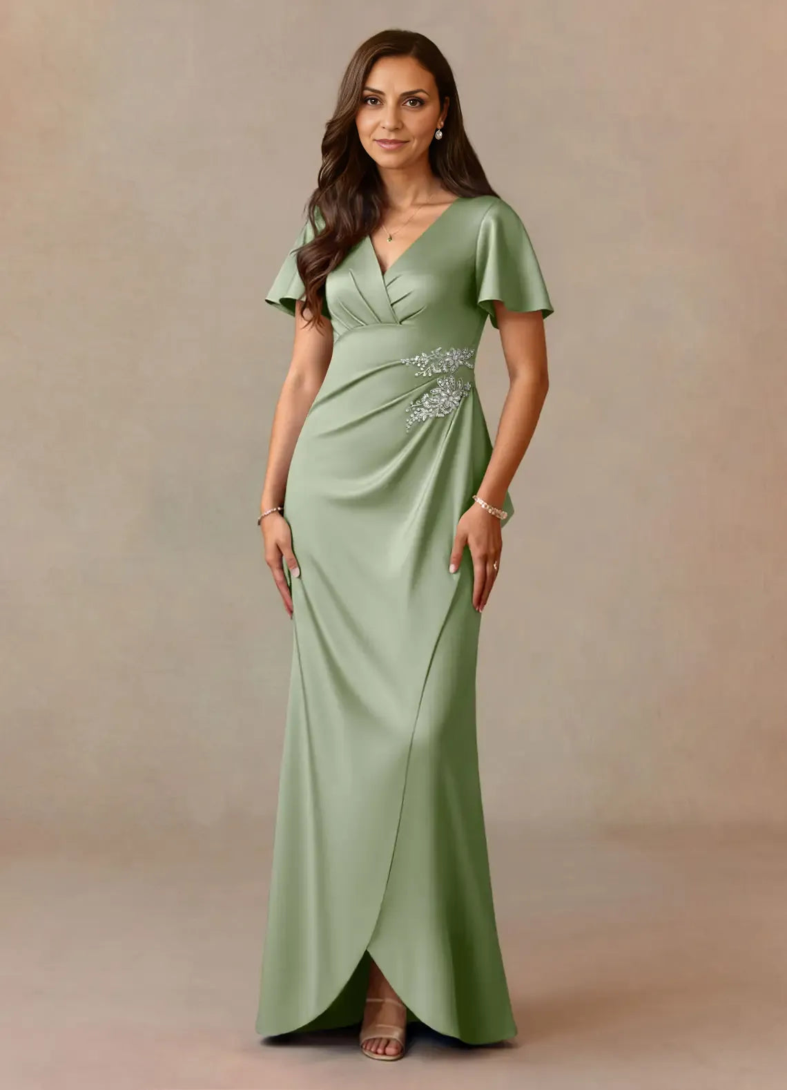 Elegant Dusty Rose Satin A-Line V-Neck Pleated Floor-Length Mother of the Bride Dress